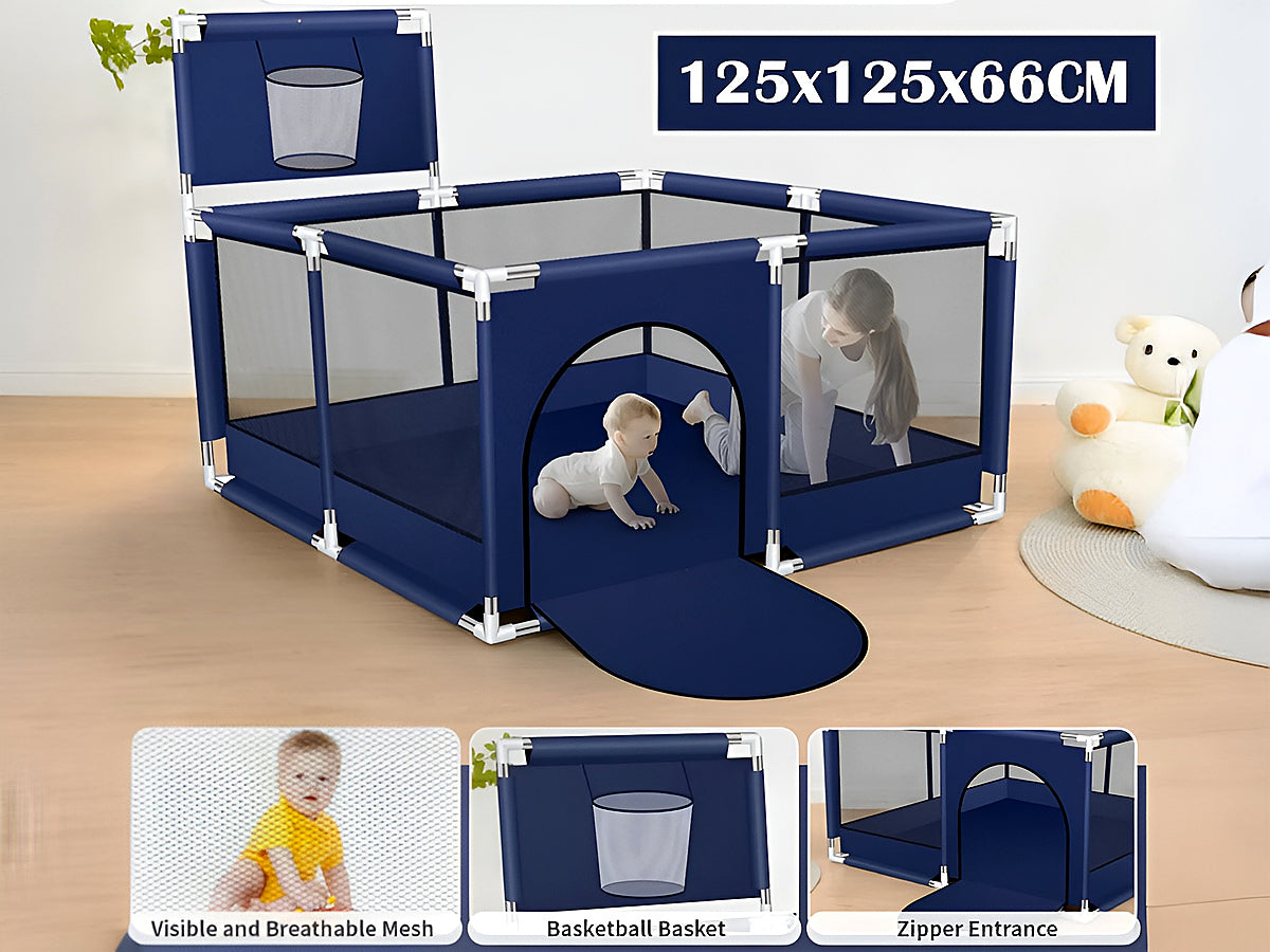 Close-up of mesh panels on portable playpen fence gate