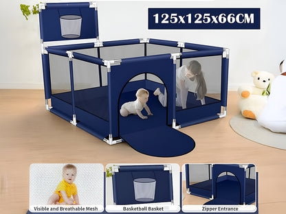 Close-up of mesh panels on portable playpen fence gate