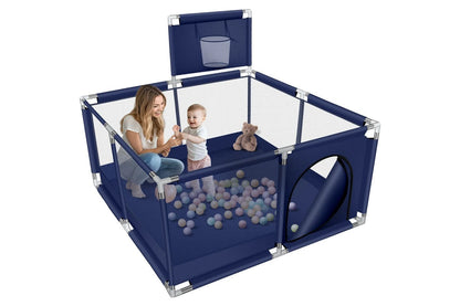 Side view of portable playpen fence gate with stainless steel frame