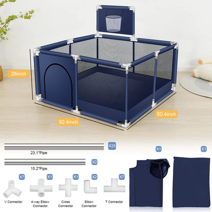 Zipper gate access on portable playpen fence gate in blue