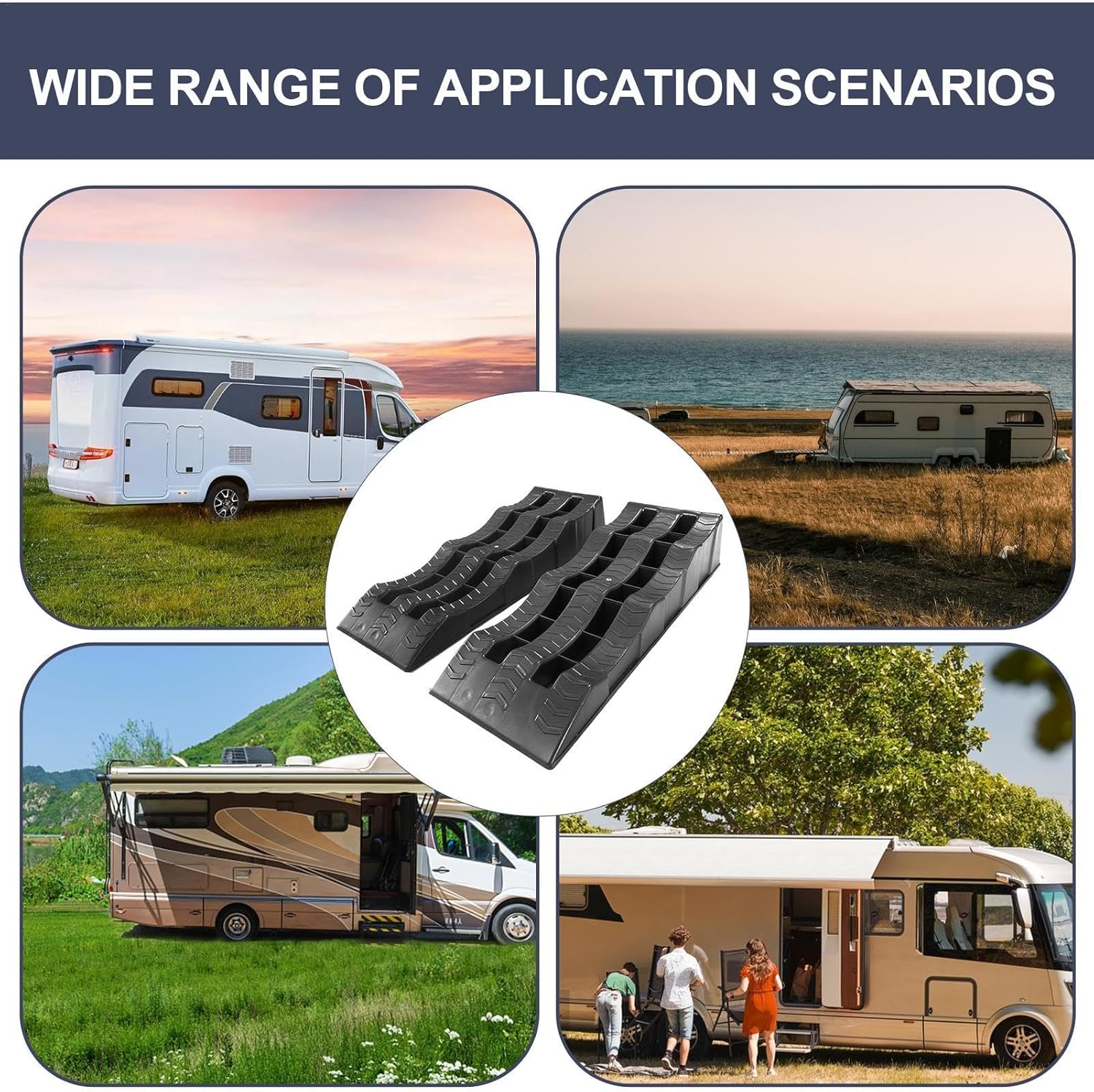 RV leveling blocks used as wheel chocks on uneven ground