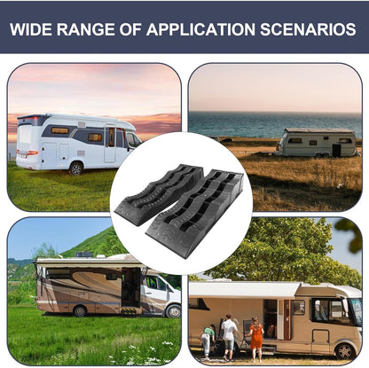 RV leveling blocks used as wheel chocks on uneven ground