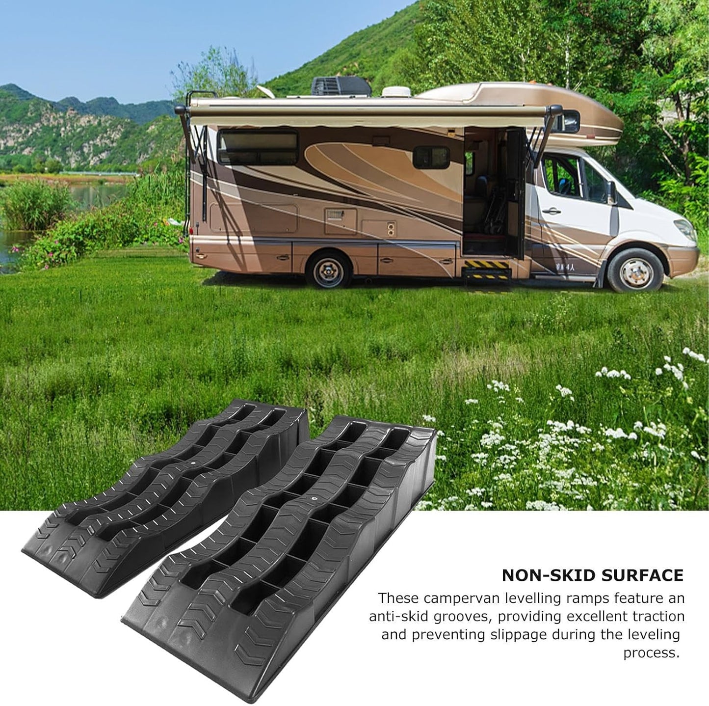 Heavy-duty black polypropylene camper wheel chocks supporting weight
