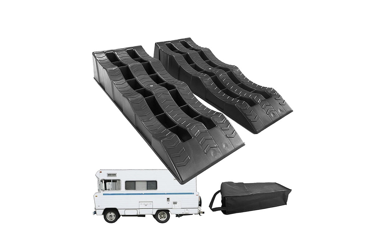 Side view of camper wheel chocks with three-step height design