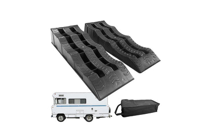 Side view of camper wheel chocks with three-step height design