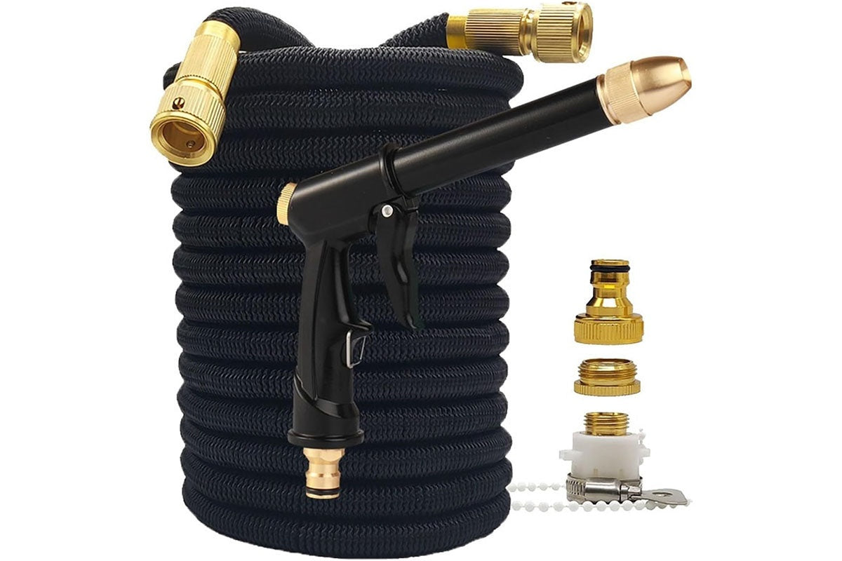 Close-up of flexible garden hose 75ft PVC handle grip