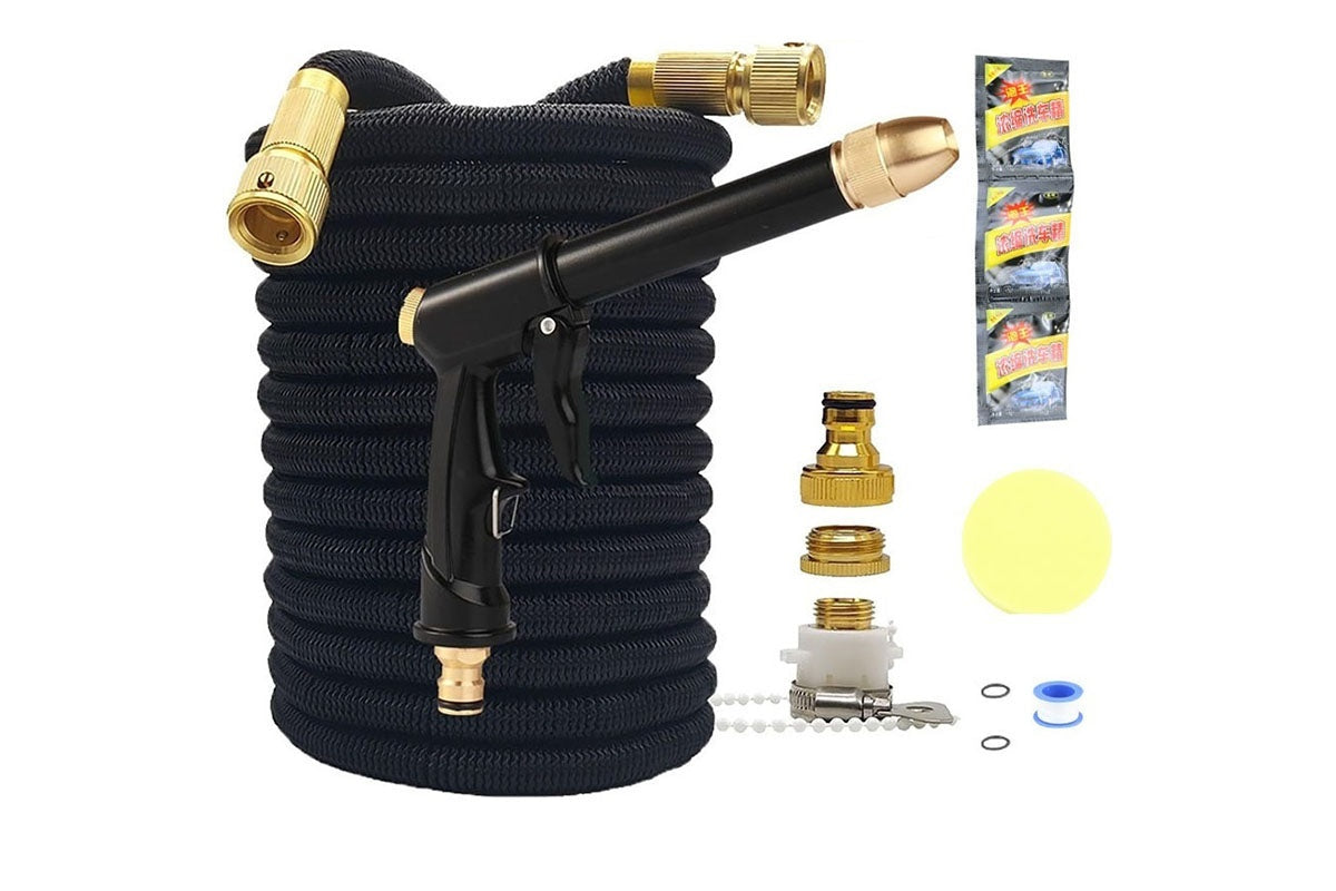 Close-up of flexible garden hose 100ft PVC handle grip