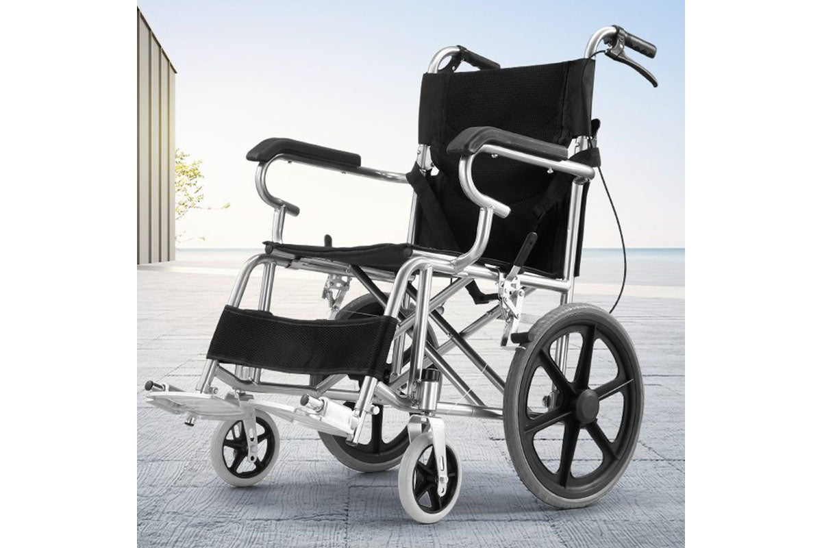Lightweight folding wheelchair showing 16 inch rear wheels