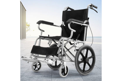 Lightweight folding wheelchair showing 16 inch rear wheels