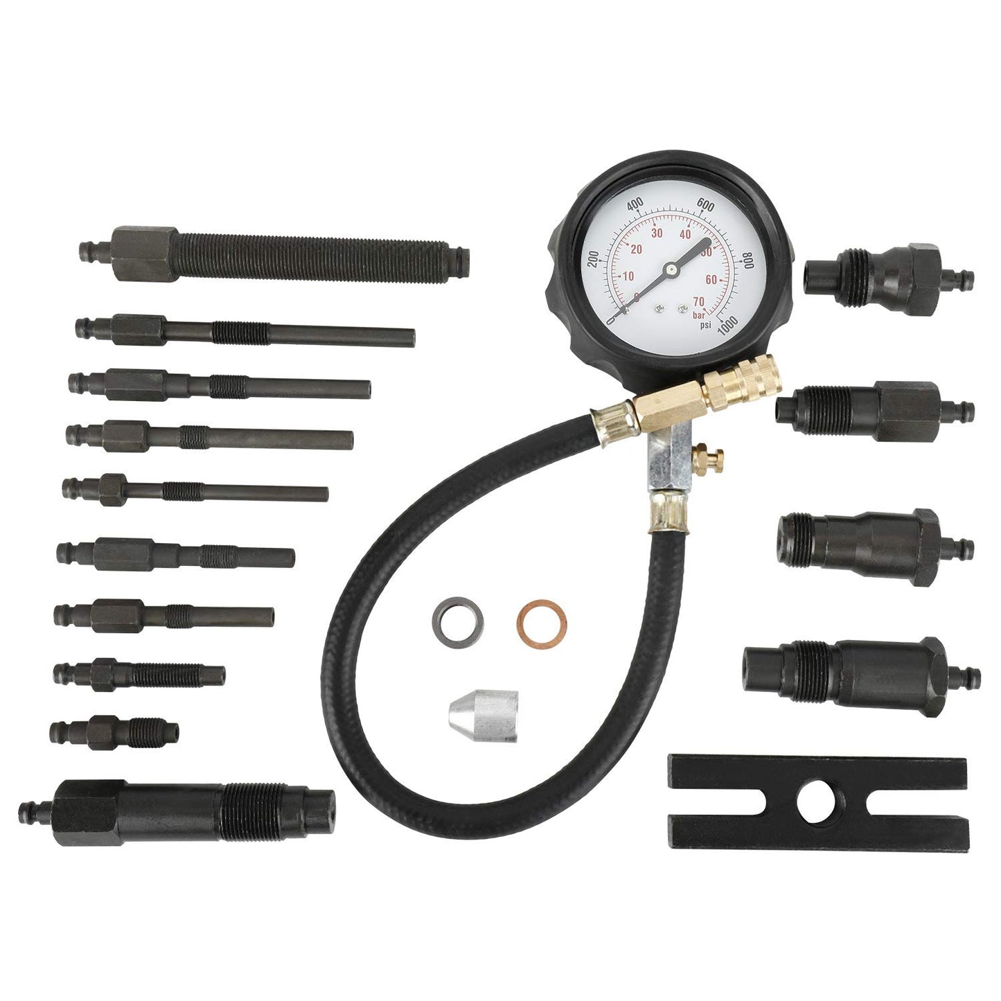 Diesel engine compression tester kit laid out showing all components