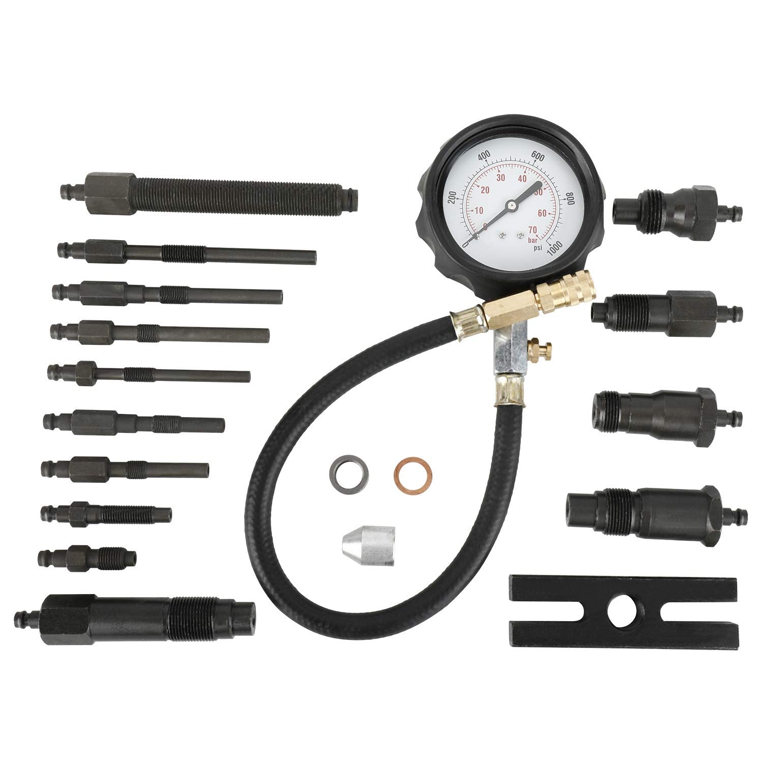 Diesel engine compression tester kit laid out showing all components