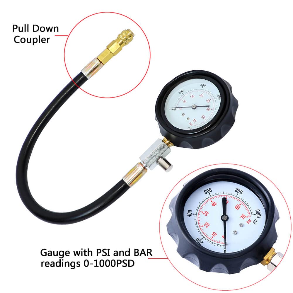 Side view of diesel engine compression tester gauge and metal fittings