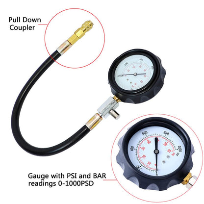 Side view of diesel engine compression tester gauge and metal fittings