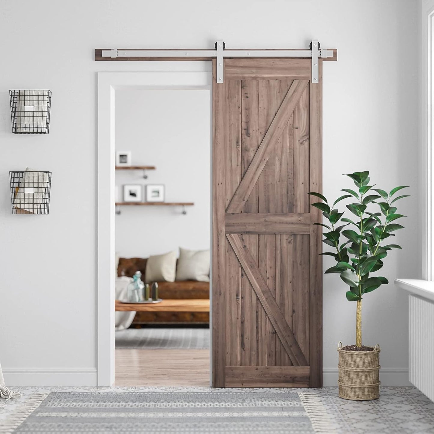 Barn door hardware stainless kit installed on wooden door