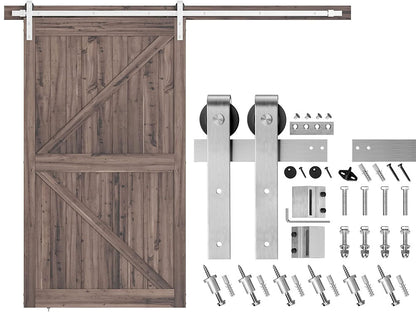 Barn door hardware kit components laid out for easy installation