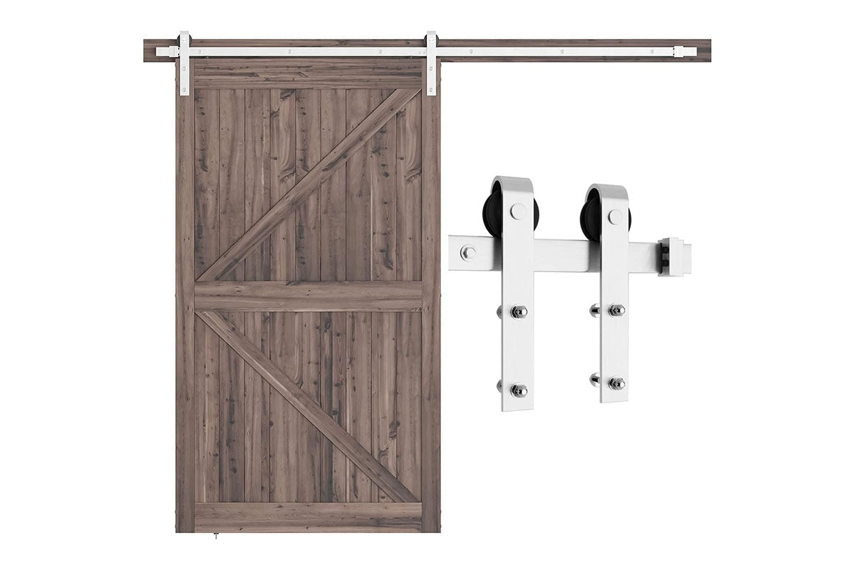 Close up of barn door hardware ball bearing roller in brushed nickel