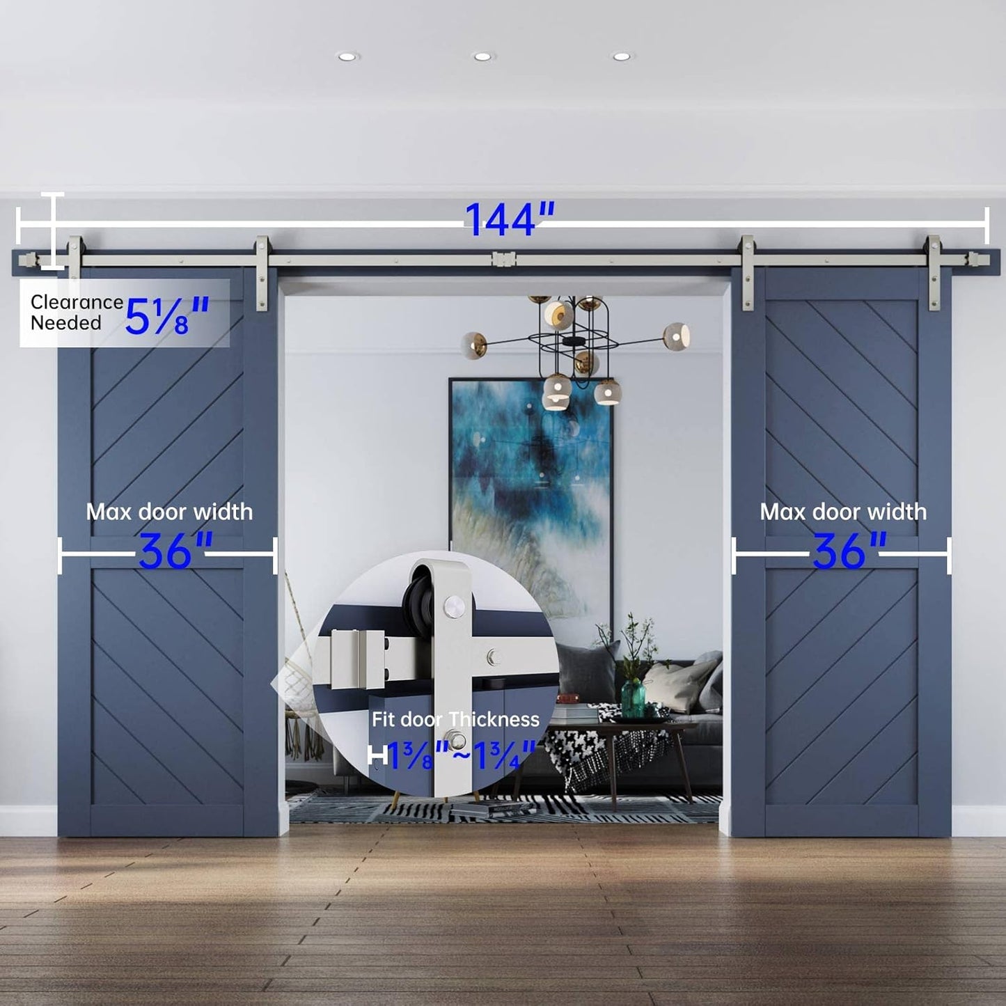 Barn door hardware installed on double sliding doors in home