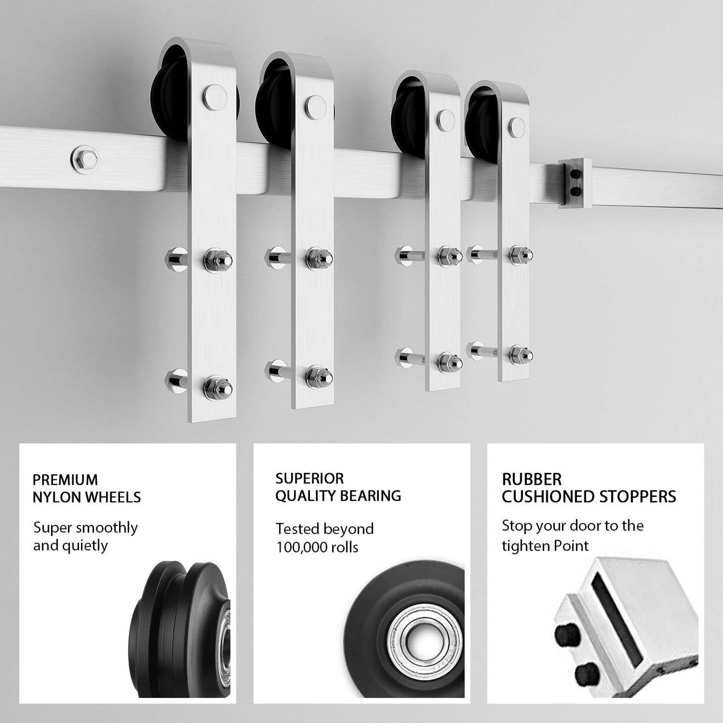 Barn door hardware door stoppers fixed at rail ends