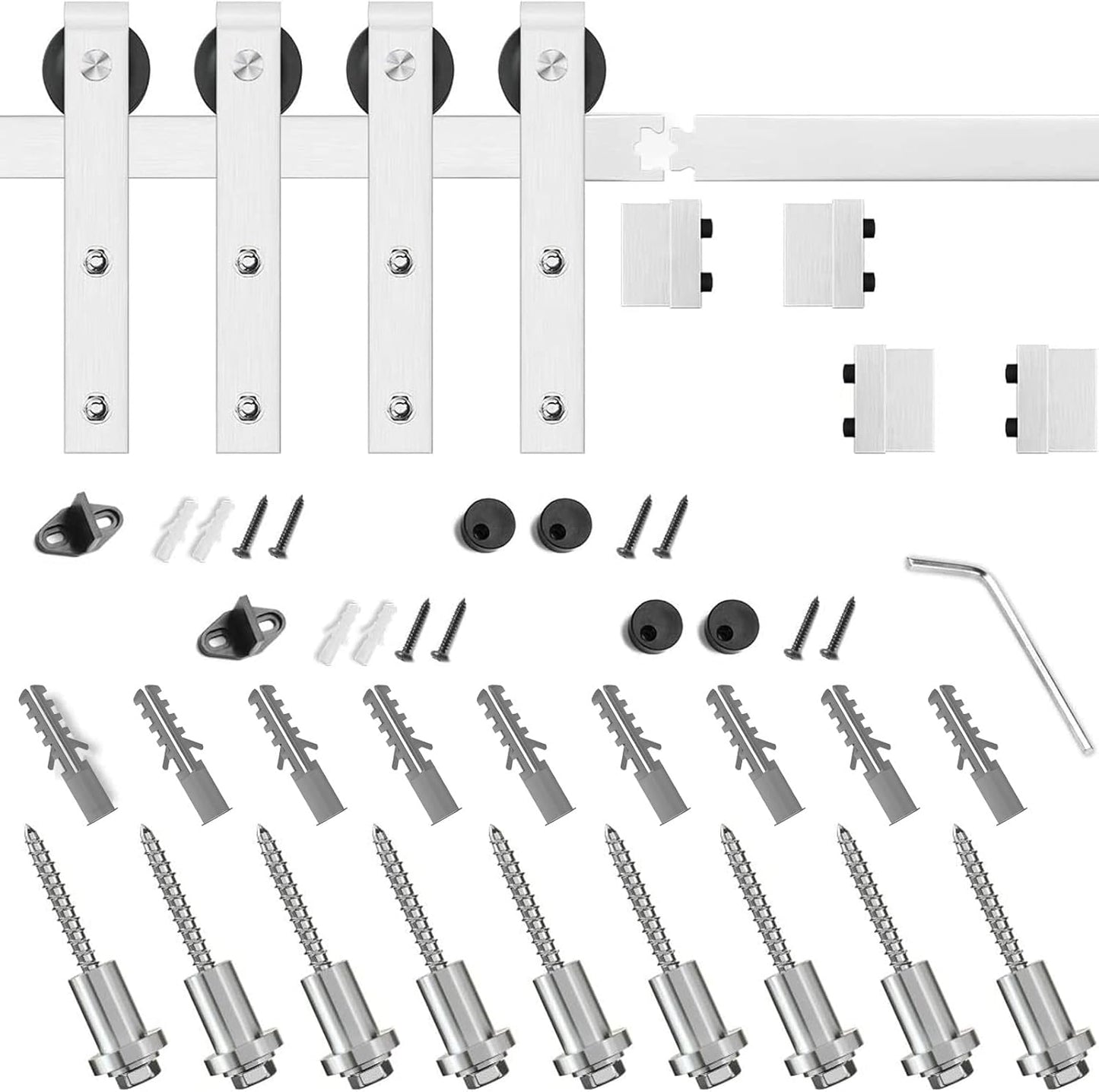 Barn door hardware kit screws and spacers laid out