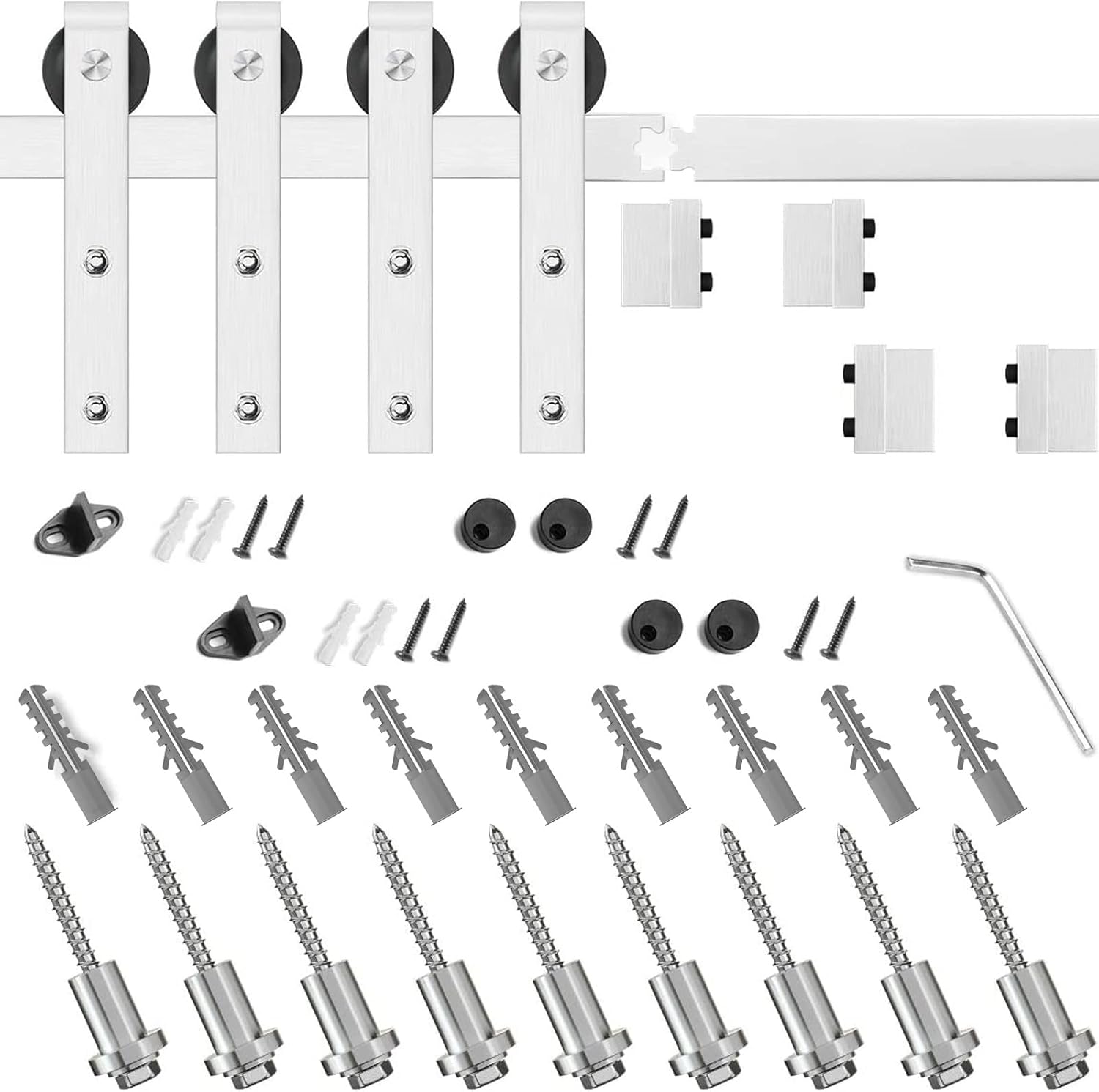 Barn door hardware kit screws and spacers laid out