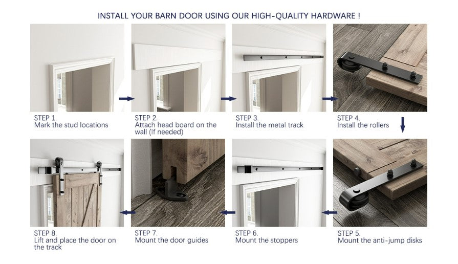 Barn door hardware with quiet rollers designed for smooth sliding