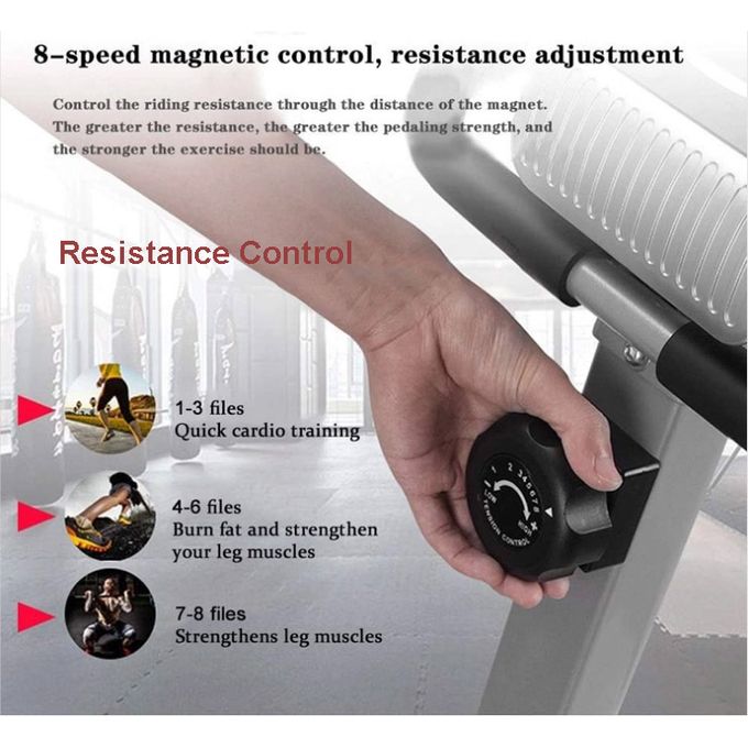 Exercise bike showing 8 levels of resistance on control panel