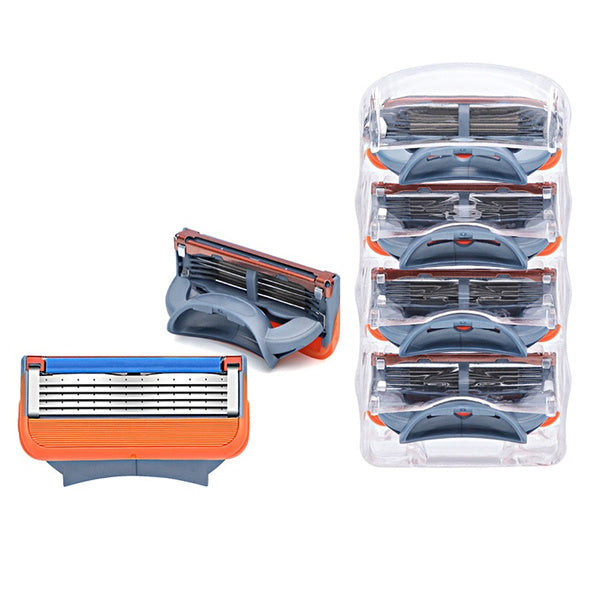 Top angle showing sharp blades on replacement razor cartridge