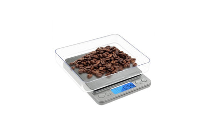 Close-up of digital kitchen scale stainless steel platform