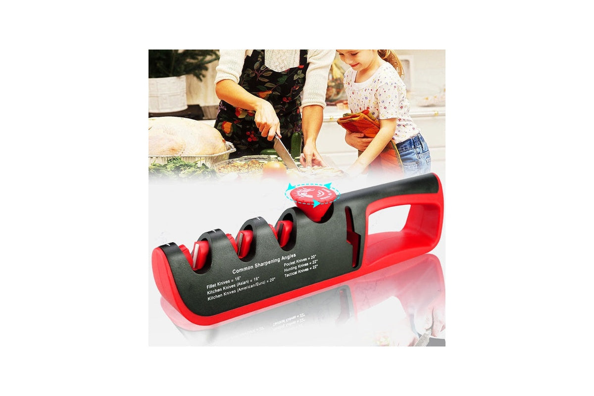 Side angle of knife sharpener with non slip rubber base