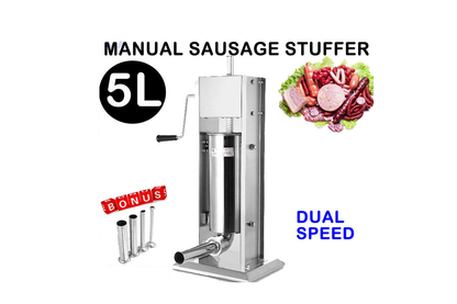 Close up of sausage filler hand crank handle in use