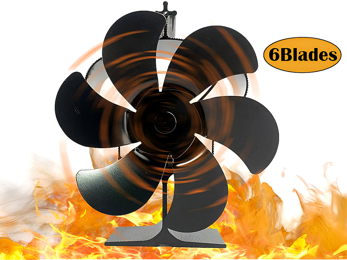 Side view of heat powered stove fan on wood burner