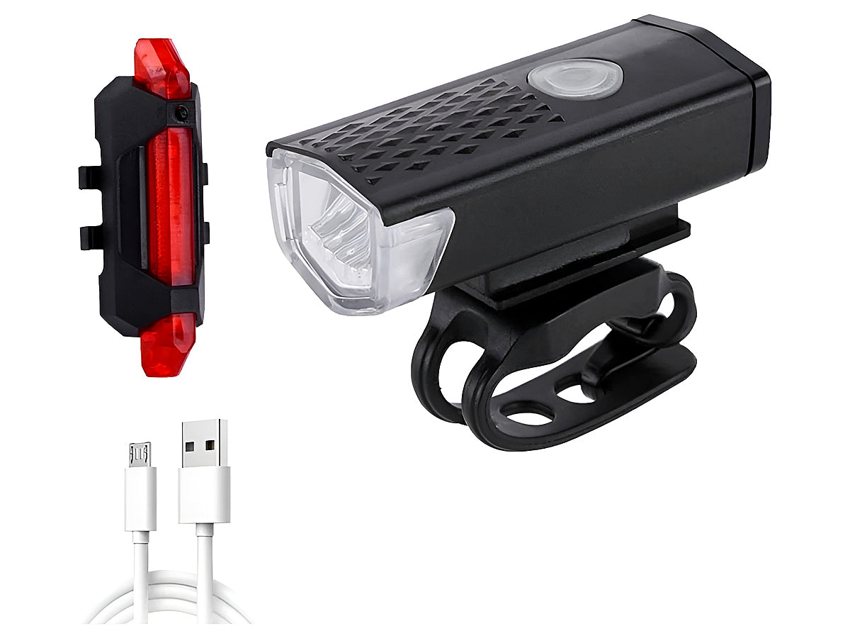 Rear angle of bike light set with red tail light attached