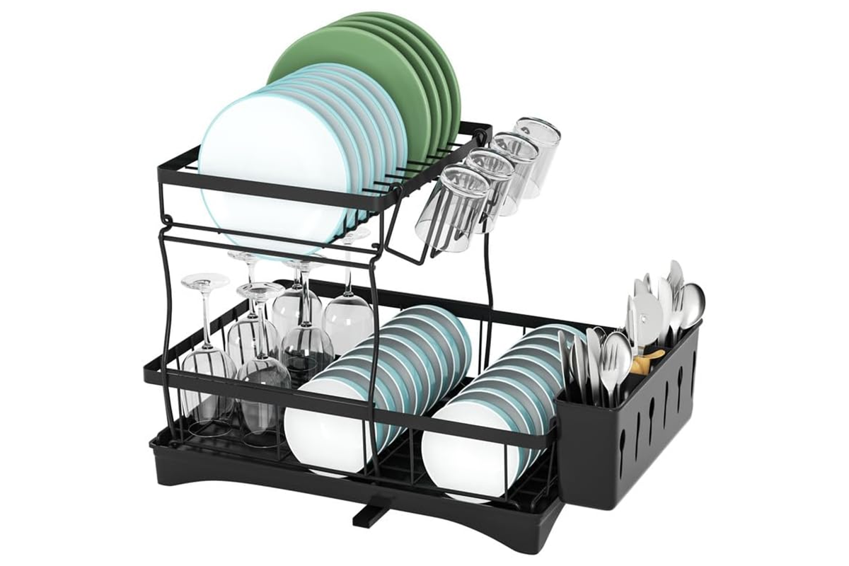 Top angle of dish drying rack with plates and bowls drying