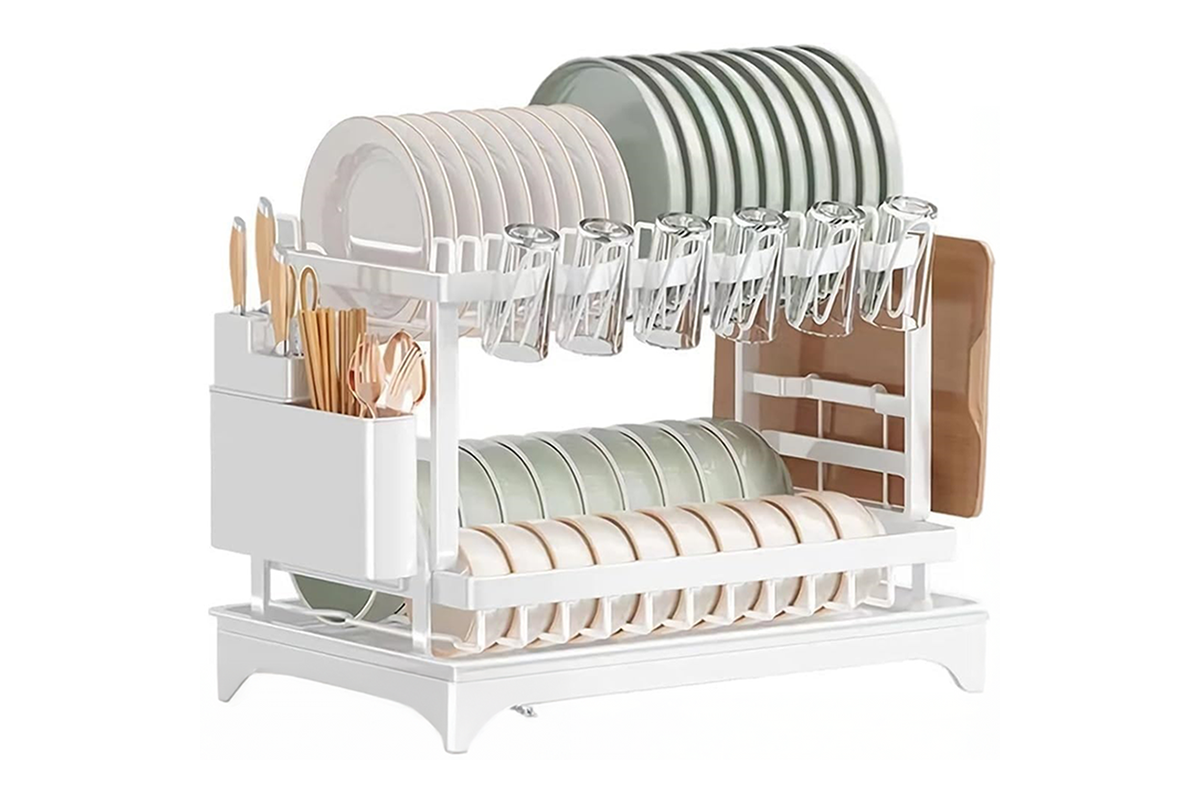 Top angle of dish drying rack showing utensil holder