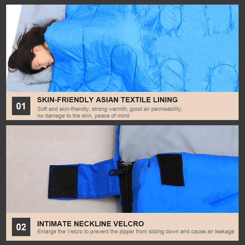 Two waterproof sleeping bag camping zipped together for sharing