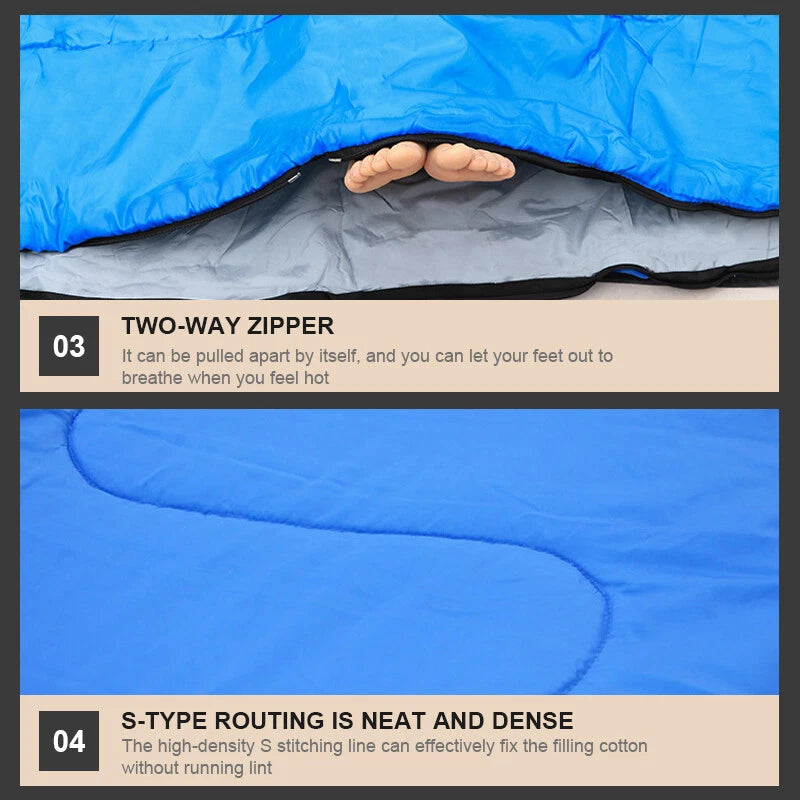 Two waterproof sleeping bag camping zipped together for sharing