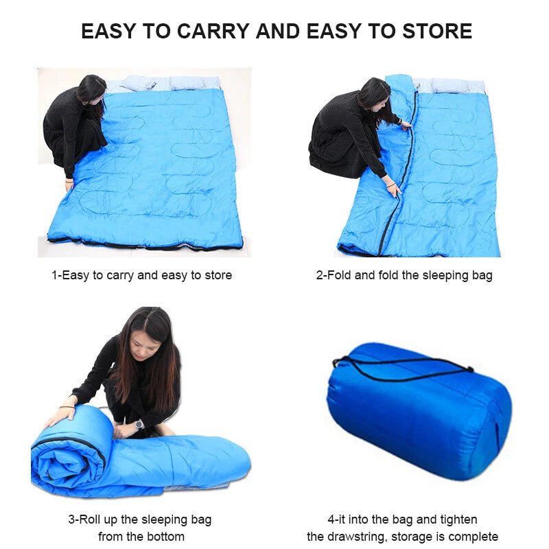 Two waterproof sleeping bag camping zipped together for sharing