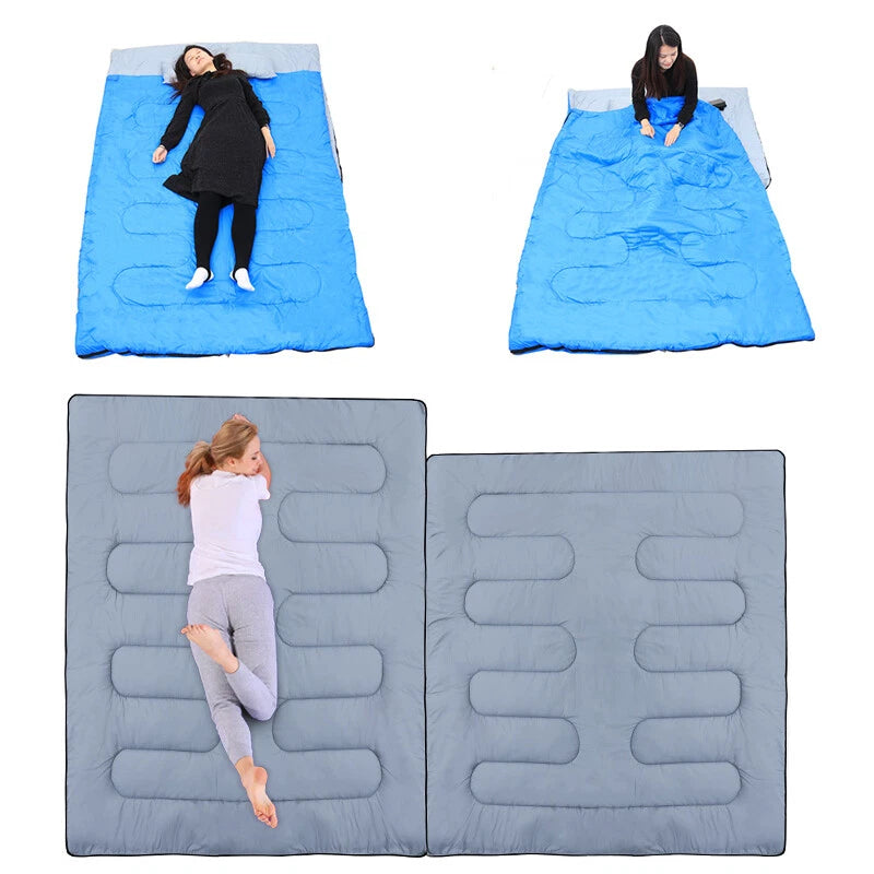 Two waterproof sleeping bag camping zipped together for sharing