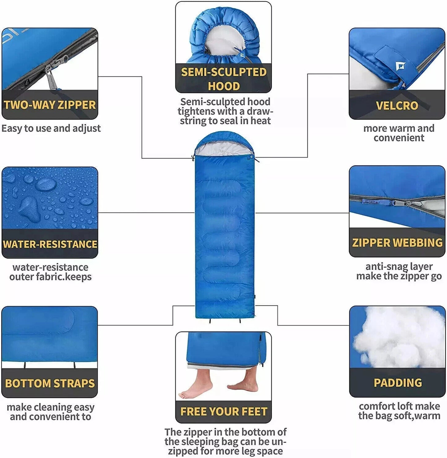 Side angle of waterproof sleeping bag camping showing envelope shape