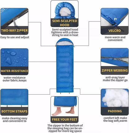 Side angle of waterproof sleeping bag camping showing envelope shape