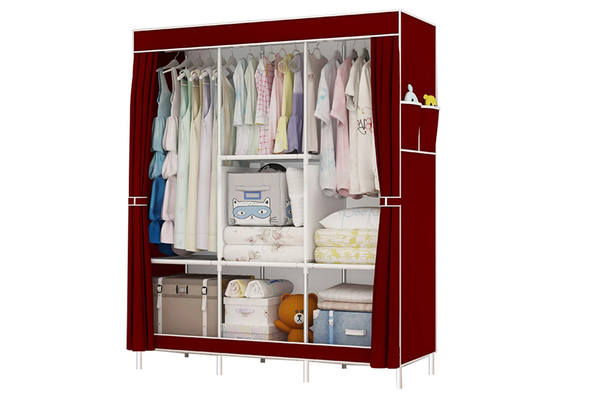 Close up of wardrobe organiser steel tube frame in red