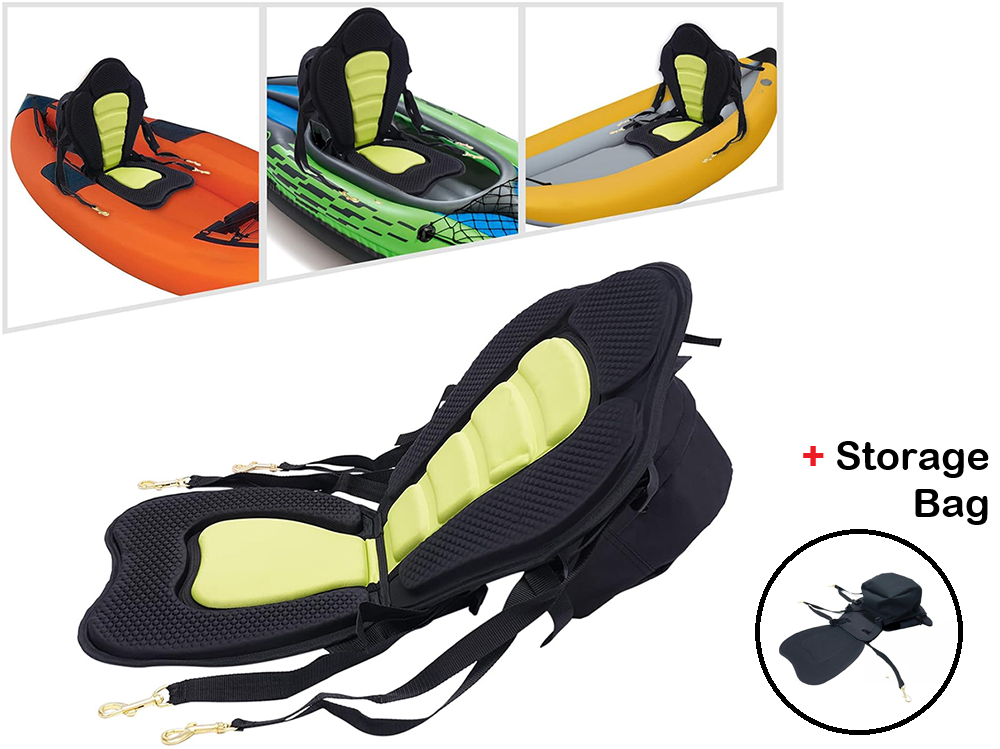 Kayak seat with storage bag displaying adjustable strap length