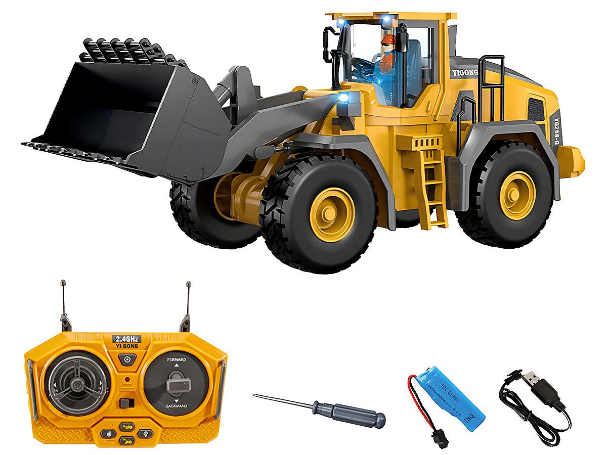 RC bulldozer loader toy demonstrating lift and drop function