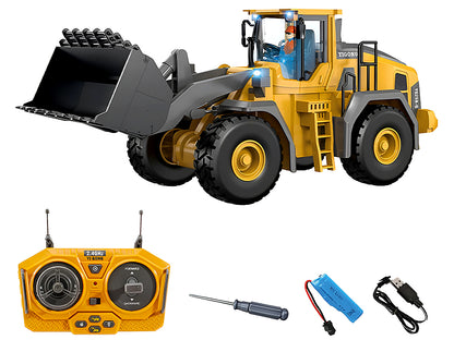 RC bulldozer loader toy demonstrating lift and drop function