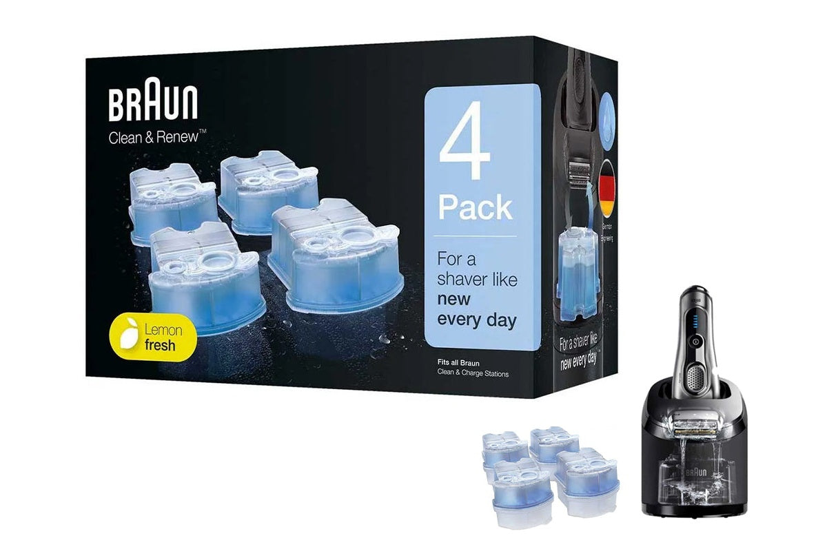 Close-up of Braun Clean and Charge refill cartridge with alcohol-based fluid