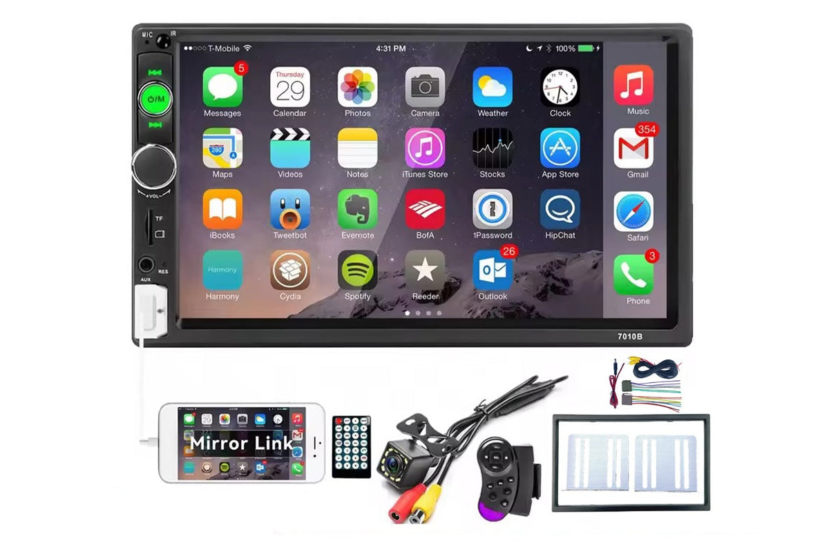 Close up of Car Stereo 2 DIN Bluetooth control buttons and display