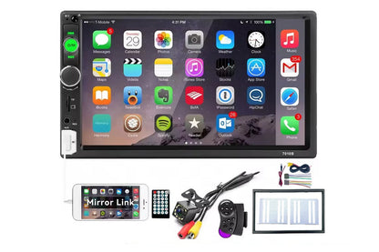 Close up of Car Stereo 2 DIN Bluetooth control buttons and display