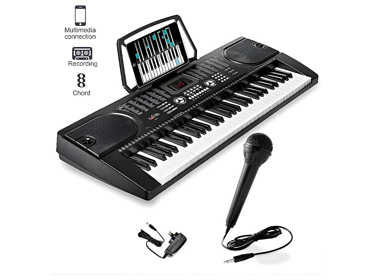 Side angle of keyboard piano showing LED display and controls