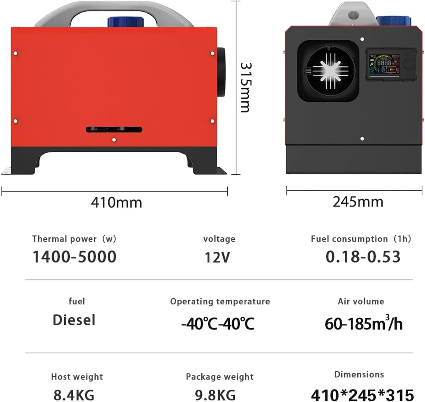 Diesel air heater with exhaust pipe attached