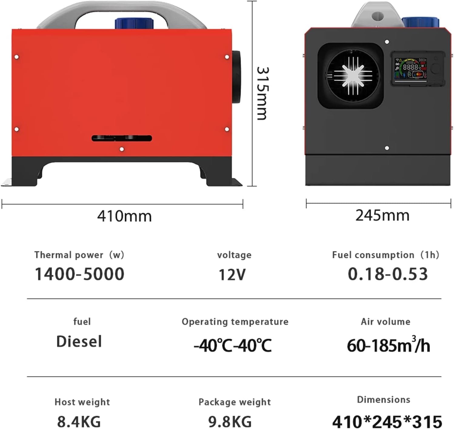 Diesel air heater with exhaust pipe attached
